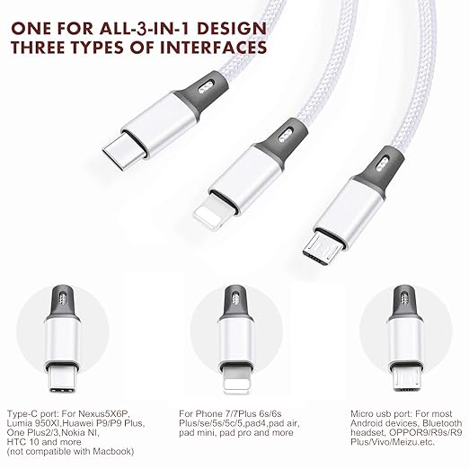 Multi USB Charging Cable 3A, 3 in 1 Fast Charger
